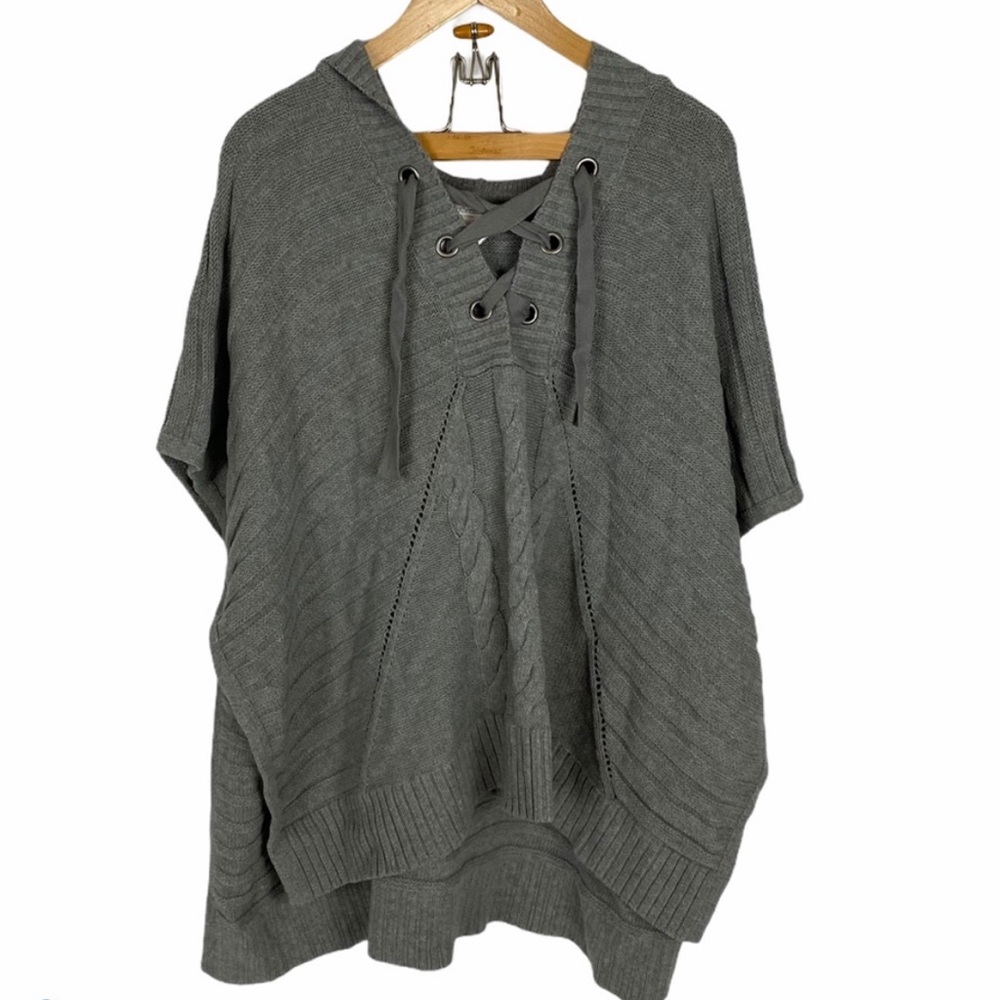Motherhood Maternity Gray Knit Lace-Up Poncho Sweater, Size S/M, Cozy Oversized - Picture 2 of 9
